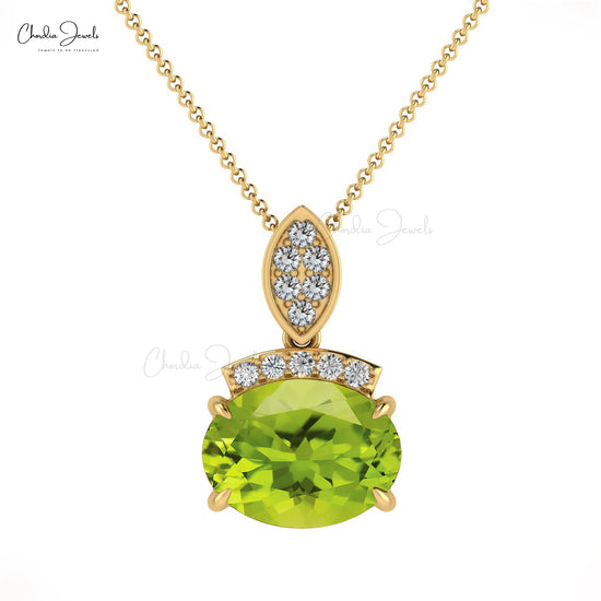 Dual Birthstone Pendant With 8x6mm Peridot And Diamond Accents In 14k Solid Gold Pendants