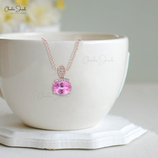 Dainty Pendant With Pink Sapphire & Diamond Accents Real 14k Gold Handcrafted Pendant