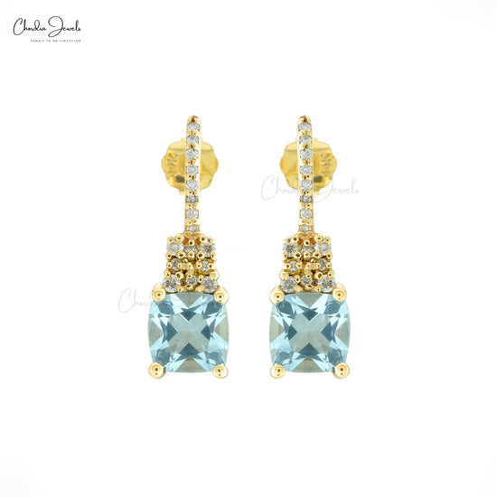 Genuine Aquamarine 14k Solid Yellow Gold Diamond Earrings 6mm Cushion Cut Gemstone Dangle Earrings For Her