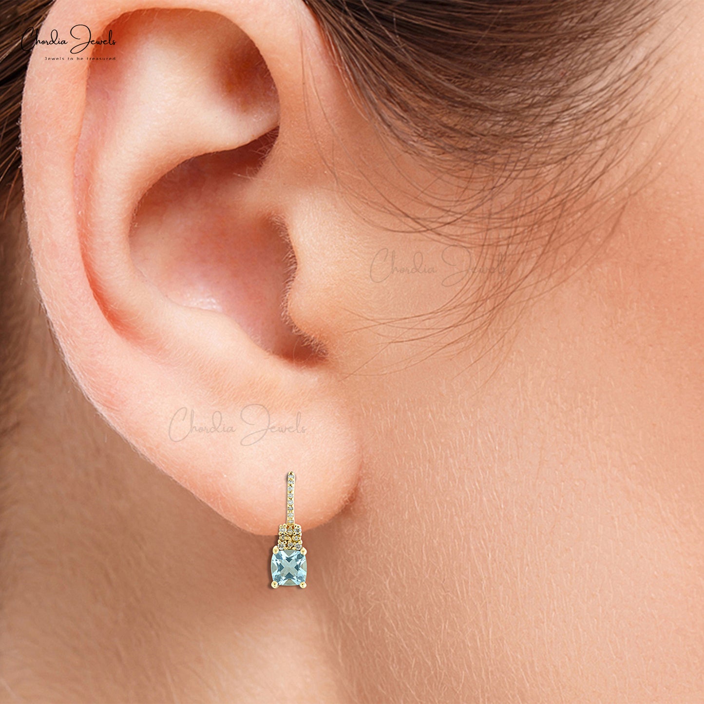 Genuine Aquamarine 14k Solid Yellow Gold Diamond Earrings 6mm Cushion Cut Gemstone Dangle Earrings For Her