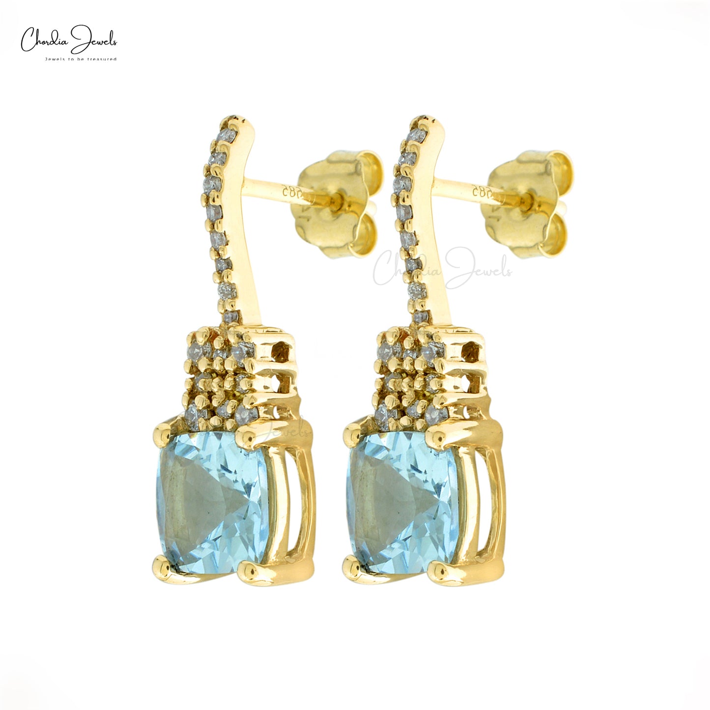 Genuine Aquamarine 14k Solid Yellow Gold Diamond Earrings 6mm Cushion Cut Gemstone Dangle Earrings For Her