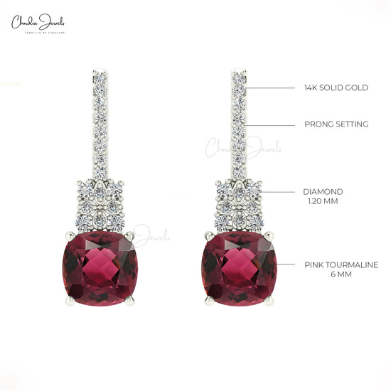 Load image into Gallery viewer, Genuine Pink Tourmaline Diamond Earrings 6mm Cushion Cut Earrings 14k Solid Gold Earrings For Her
