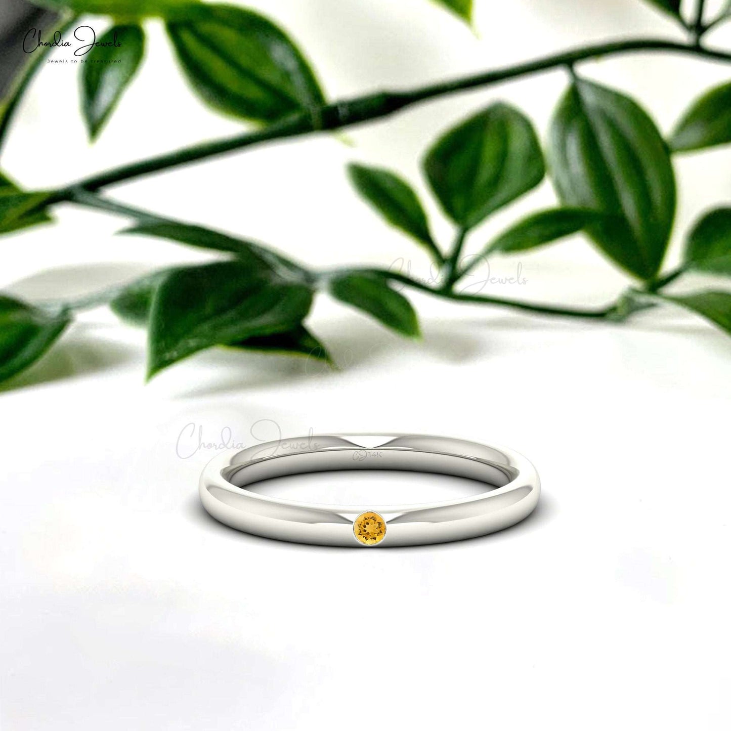14k Solid Gold Round Brilliant Citrine Simple Flush Set Wedding Ring