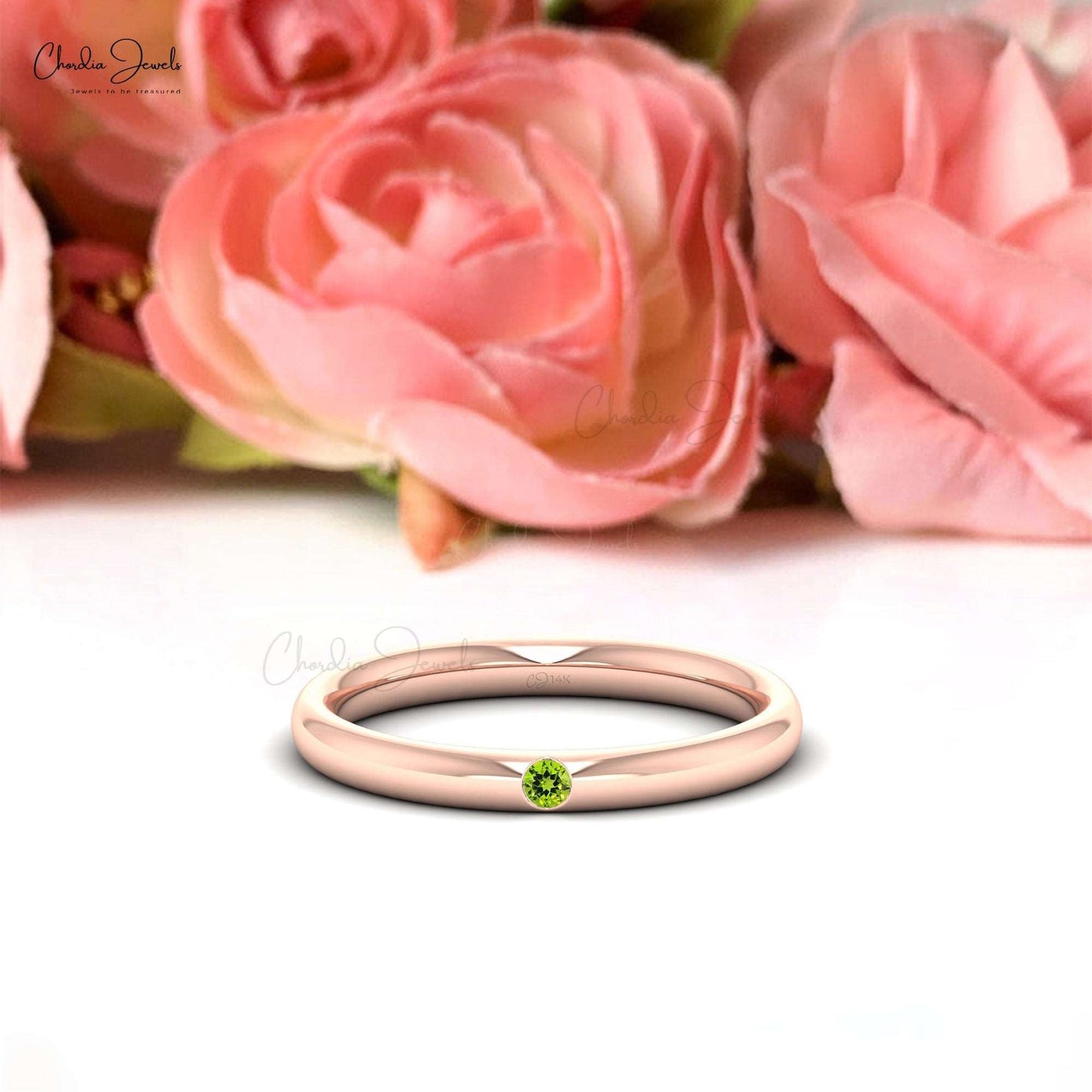 14k Solid Gold Round Natural 0.05 Ct Peridot Gemstone Ring