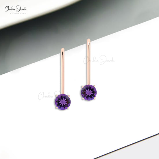 Purple Amethyst Dangling Earrings 5mm Round Cut Gemstone Latch Back Earrings Genuine 14k Real Gold Handmade Classic Jewelry For Her