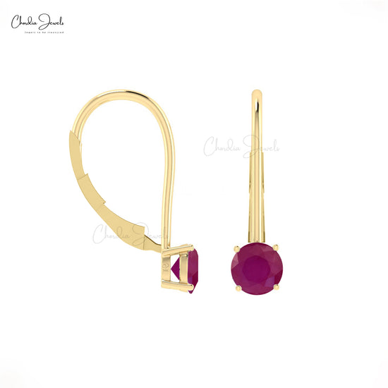 Round 5mm Cut Natural Red Ruby Prong Set Gemstone Dangling Earrings 14k Real Gold July Birthstone Minimalist Jewelry For Women