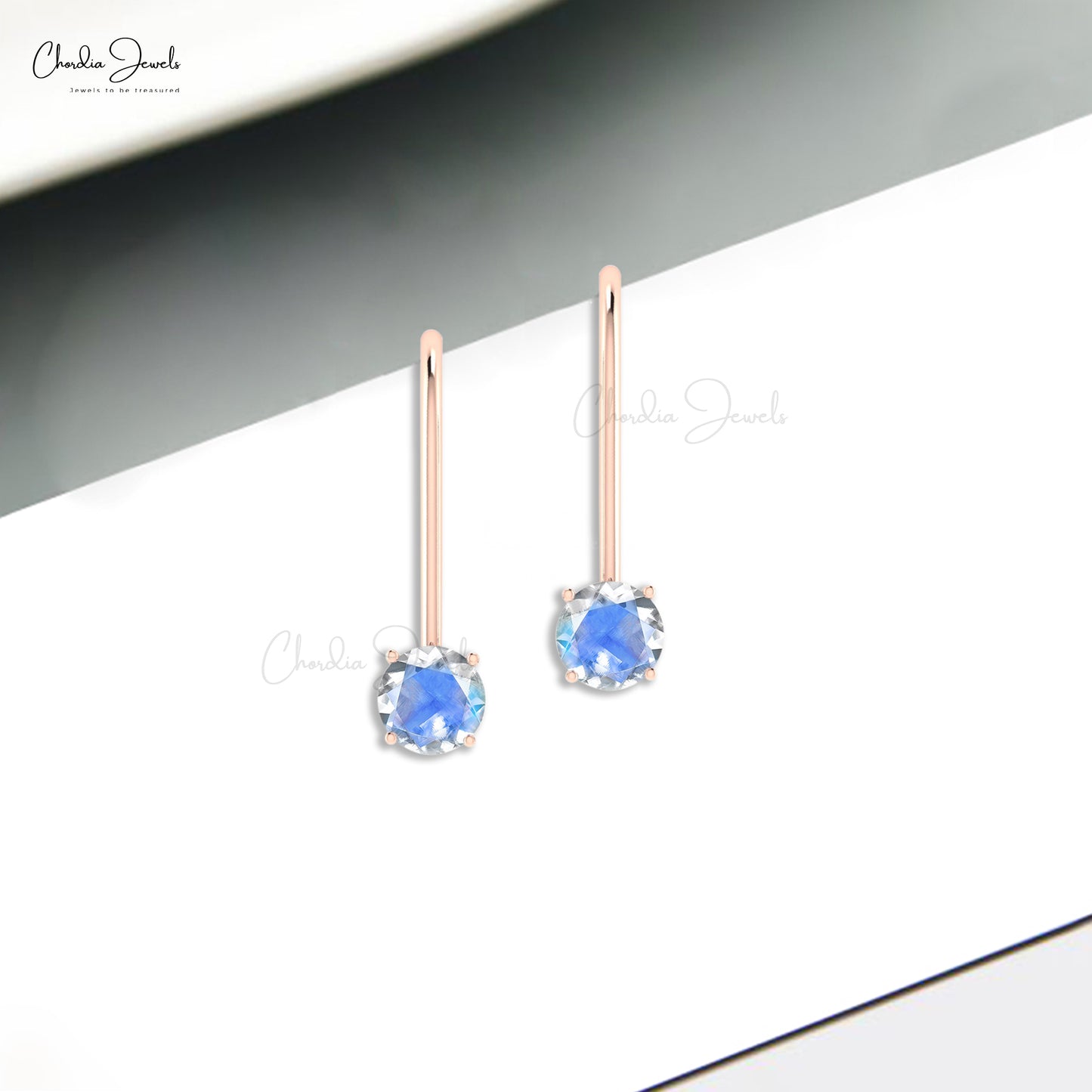 Solitaire Dangle Earrings With Natural Rainbow Moonstone Real 14k Hallmarked Gold Clasp Earring