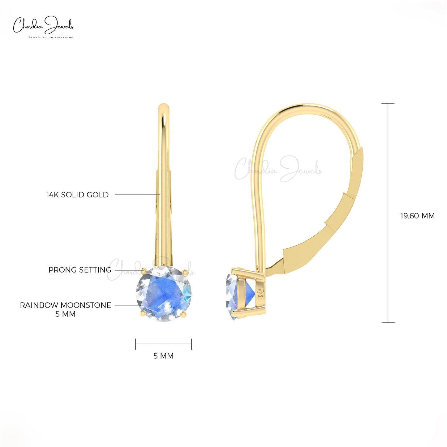 Solitaire Dangle Earrings With Natural Rainbow Moonstone Real 14k Hallmarked Gold Clasp Earring