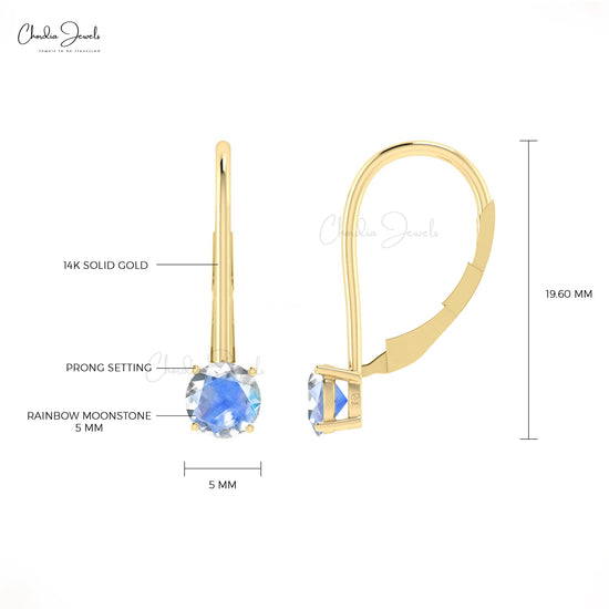 Solitaire Dangle Earrings With Natural Rainbow Moonstone Real 14k Hallmarked Gold Clasp Earring