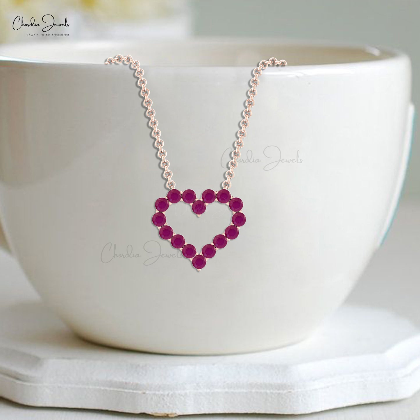 Eternity Open Heart Necklace In 14k Real Gold Ruby 2mm Round Gemstone Chain Necklaces