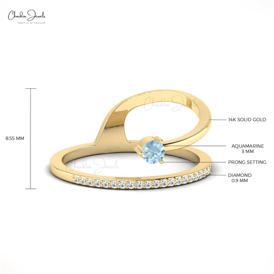 Genuine Aquamarine Dainty Ring 14k Real Gold G-H Diamond Engagement Ring 3mm Round Cut Gemstone Fine Jewelry For Her