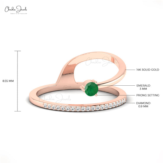 Dainty Curvey Ring With Emerald Gemstone 14k Solid Gold Diamond Accented Unique Ring For Gift