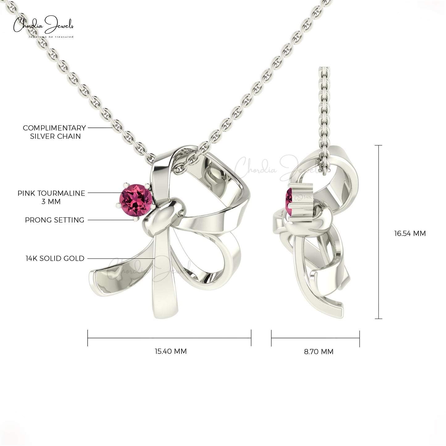 Gemstone Knot Dainty Pendant With 3mm Pink Tourmaline 14k Pure Gold Unique Pendants