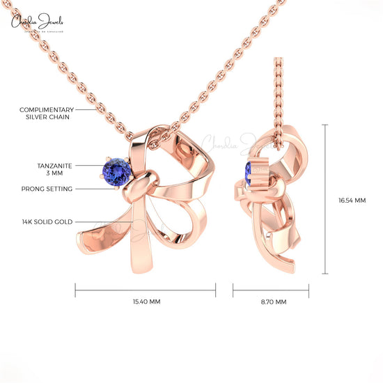 AAA Tanzanite Knot Pendant 14k Real Gold Minimal Pendant 3mm Round Cut Gemstone Hallmarked Fine Jewelry For Fiance Gift