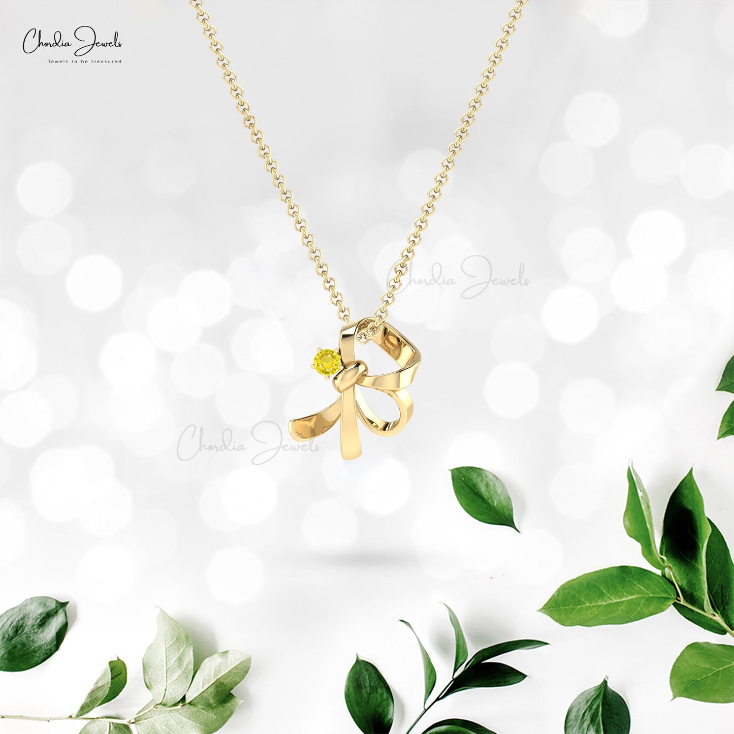 Round Cut Knot Pendant With 3mm Yellow Sapphire Curved Wedding Necklace in 14k Real Gold