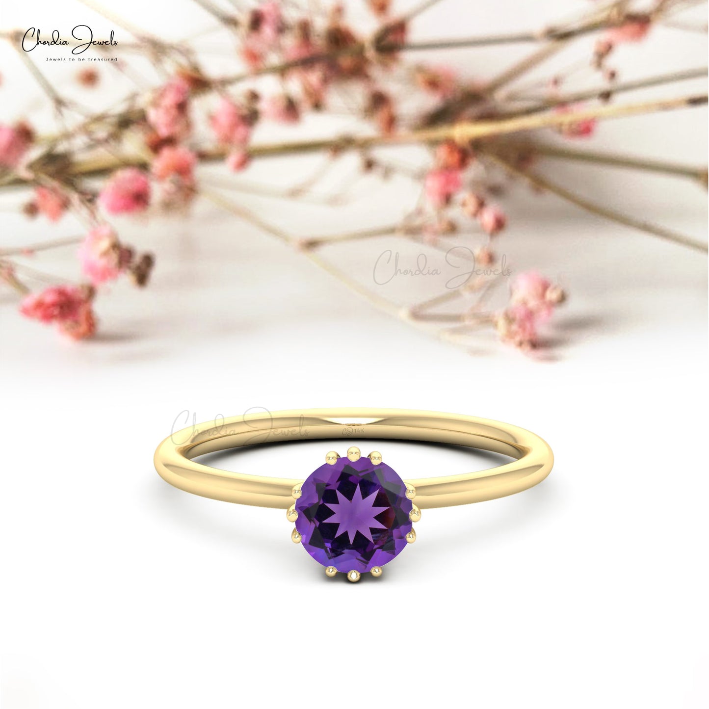 Natural Amethyst Solitaire Wedding Ring Genuine 14k Real Gold Minimalist Ring 6mm Round Cut Gemstone Jewelry For Valentine's Day Gift