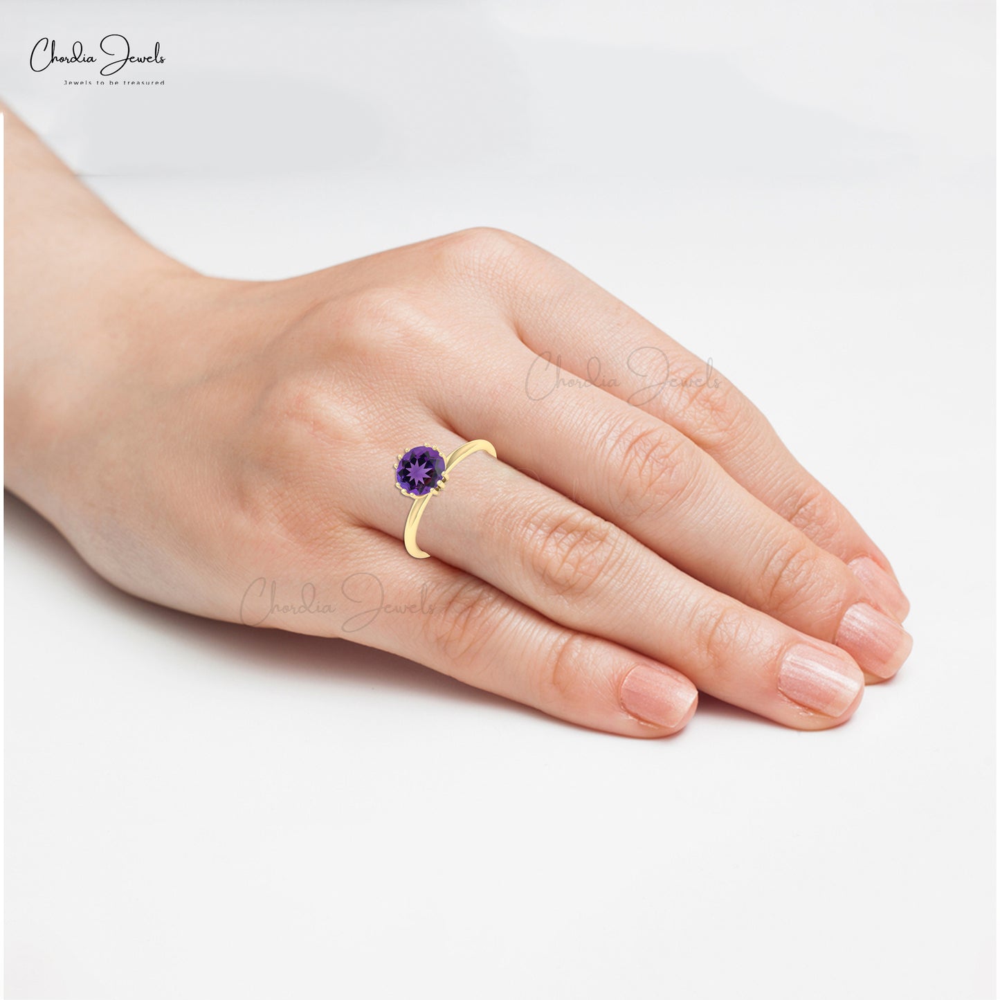 Round Cut Wedding Ring In Real 14k Gold Genuine 0.74 Ct Amethyst Solitaire Rings For Her