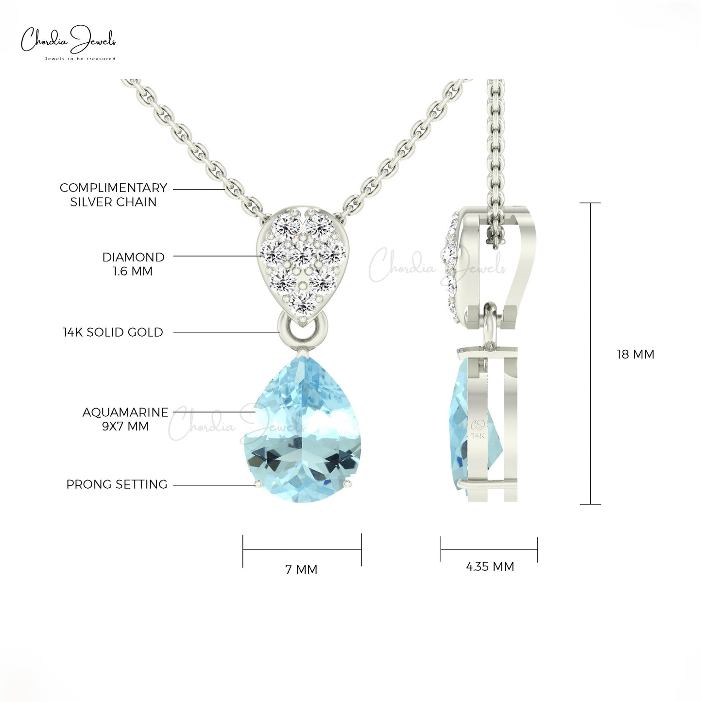 Natural Aquamarine Tear Drop Pendant 2.00 Carat 14k Solid Gold White Diamond Pendant