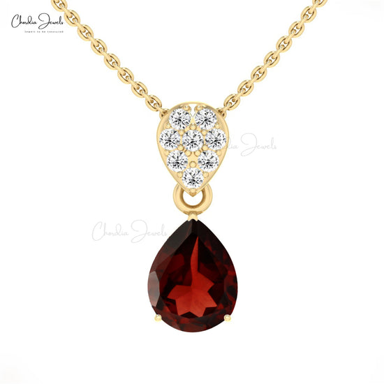 Natural Garnet Tear Drop 1.50Ct Pear Cut Gemstone Pendant In 14k Solid Gold Diamond Fine Jewelry