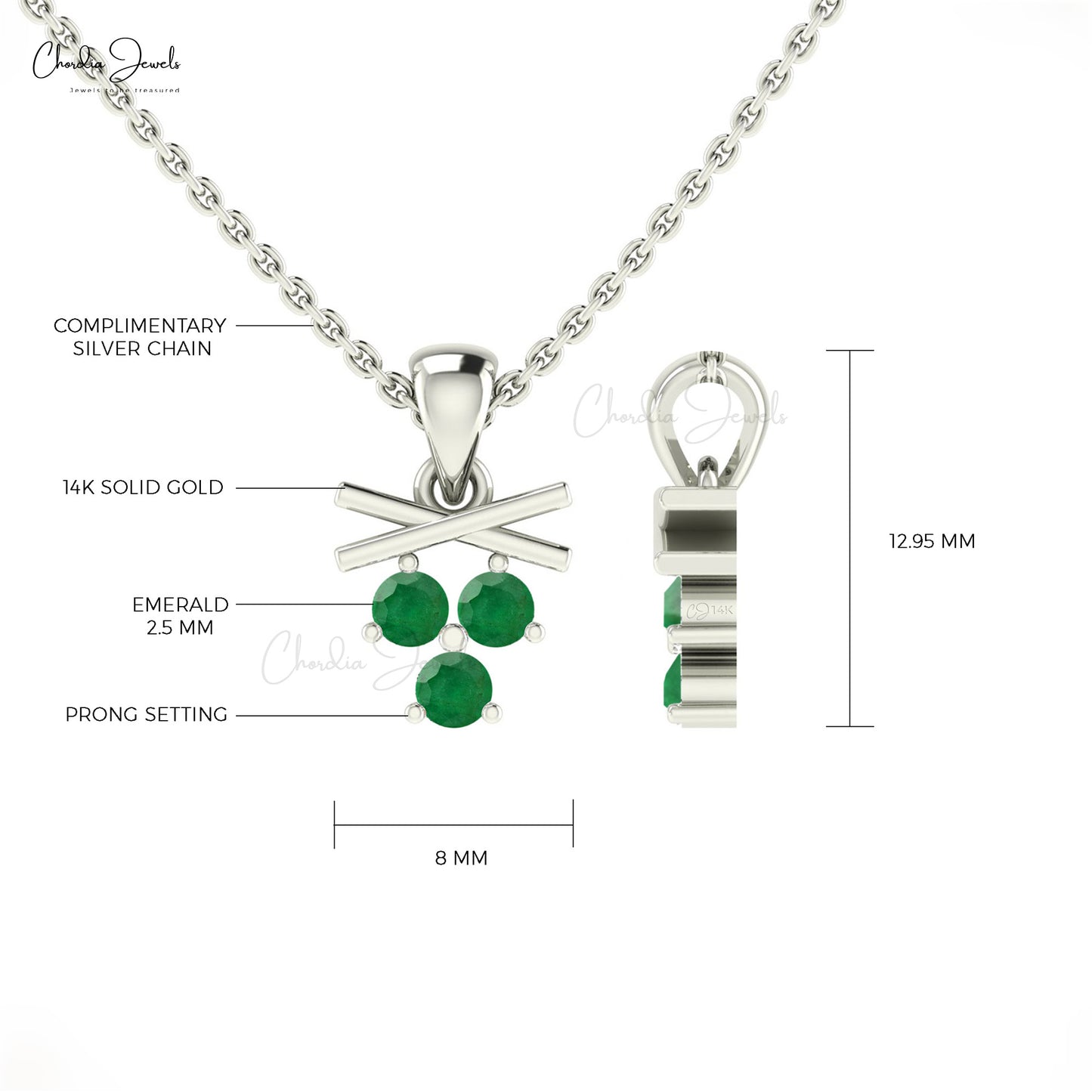 Graceful Three-Stone Pendant With 0.18CT Emerald Solid 14k Gold Fine Gemstone Pendant