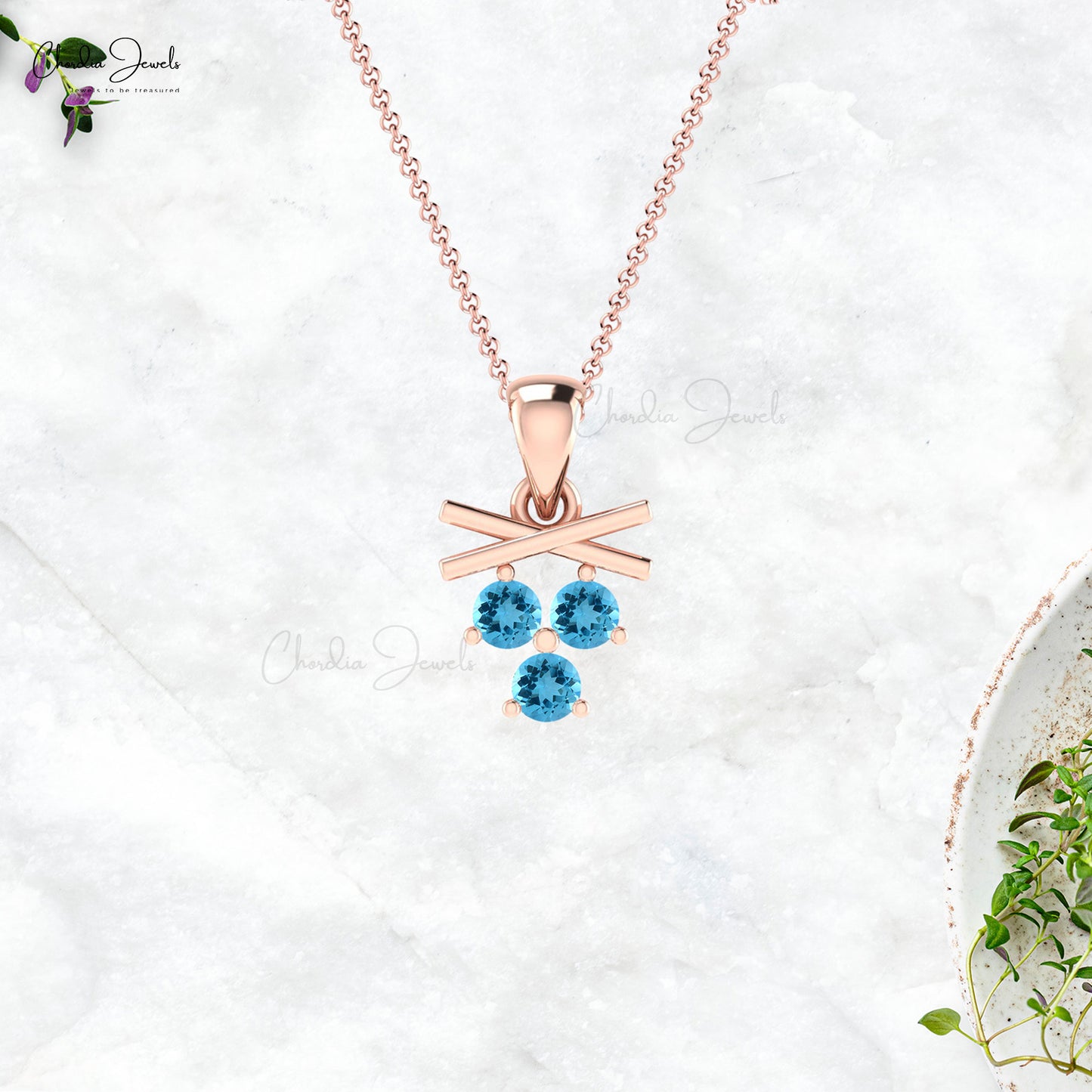 Cluster Round Cut Pendant With 0.24 Ct Swiss Blue Topaz Minimal Necklace In 14k Real Gold