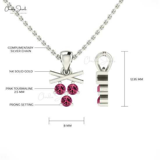 Brilliant Cut 3 Stone Pendant With 2.5mm Pink Tourmaline 14k Real Gold Dangle Necklace