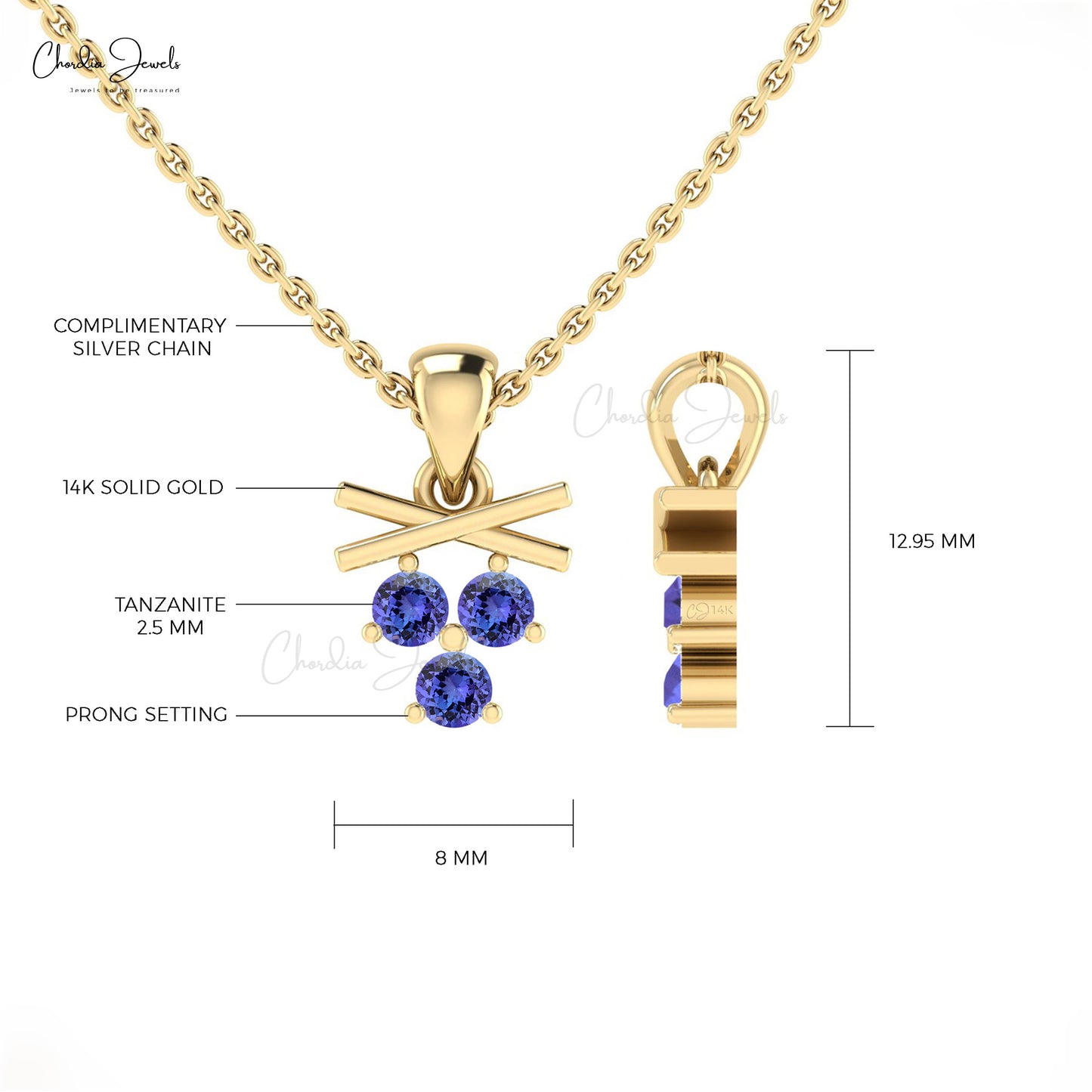 Solid 14k Gold Blue Tanzanite Trilogy Pendant 2mm Natural Round Cut Gemstone Prong Set Minimalist Jewelry For December Birthstone