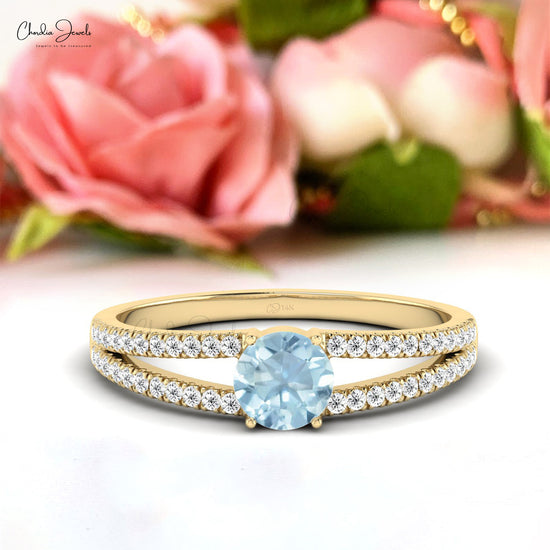 Aquamarine March Birthstone Wedding Ring Genuine 14k Real Gold Diamond Ring 5mm Round Cut Gemstone Jewelry For Engagement