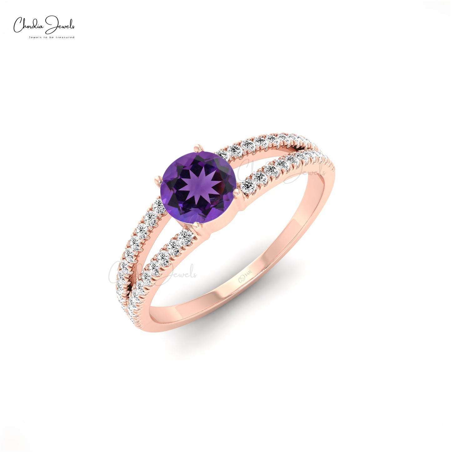 Diamond Split Shank Ring With 0.42 Ct Amethyst February Birthstone Ring In 14k Real Gold