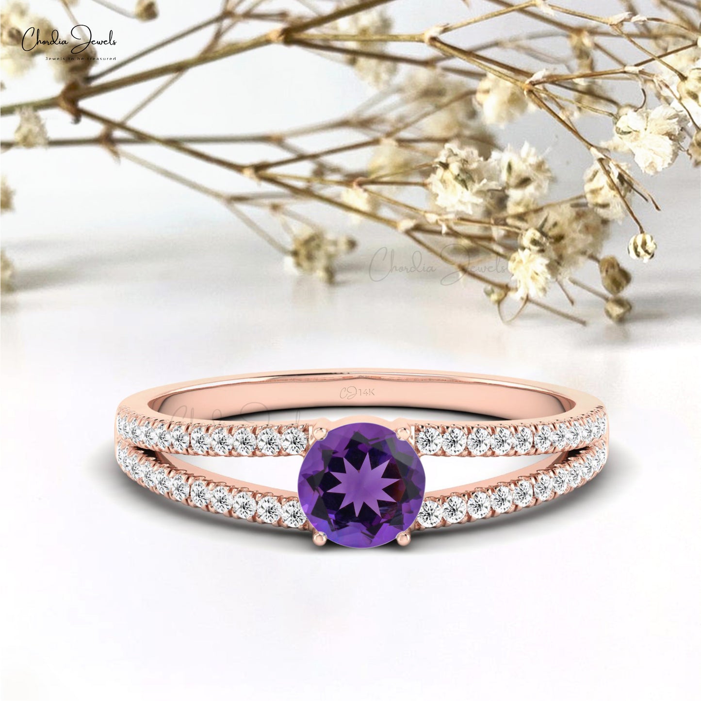 Diamond Split Shank Ring With 0.42 Ct Amethyst February Birthstone Ring In 14k Real Gold