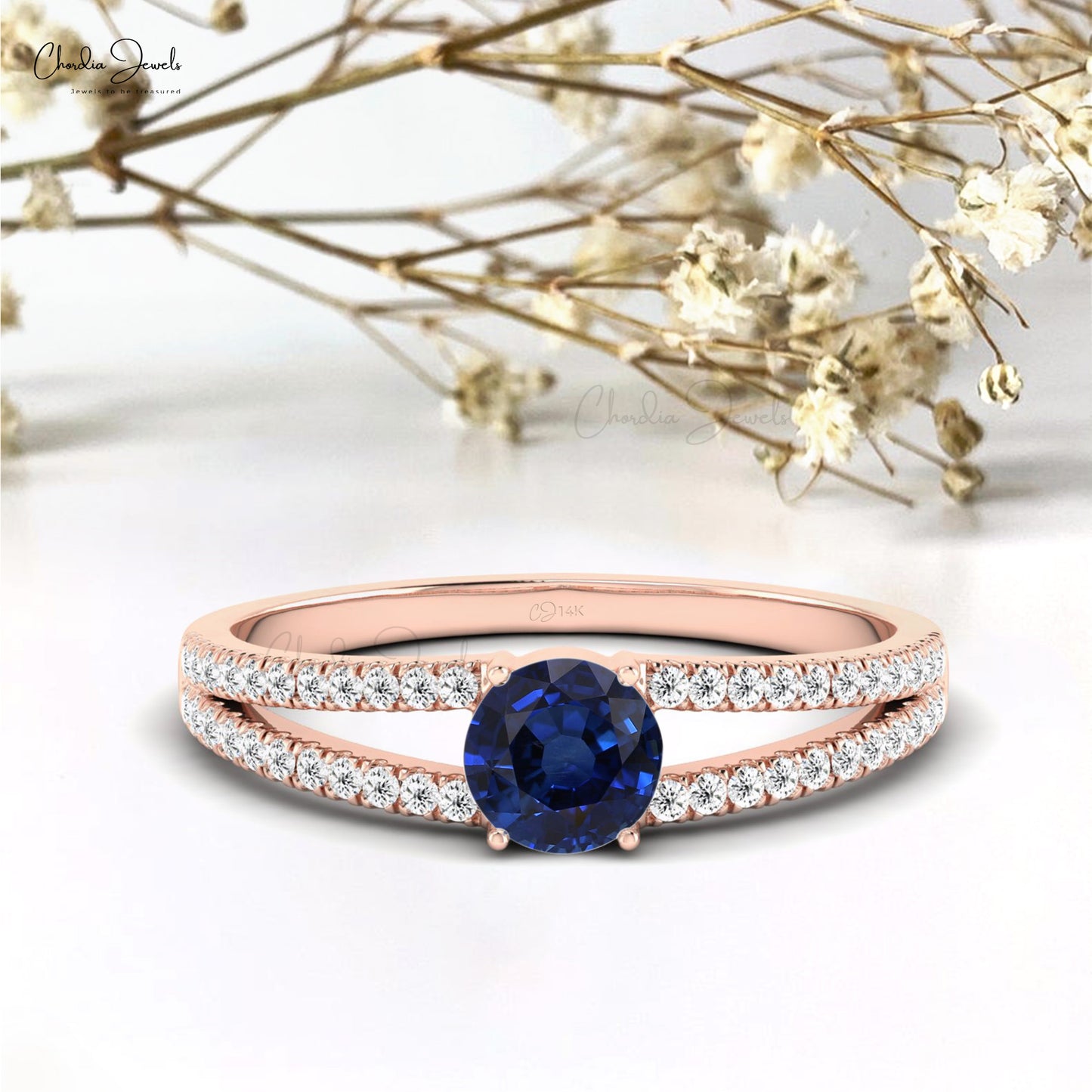 Genuine Blue Sapphire Dainty Wedding Ring 0.9mm Round Cut Diamond Promise Ring 14k Real Gold Art Deco Jewelry For Birthday Gift