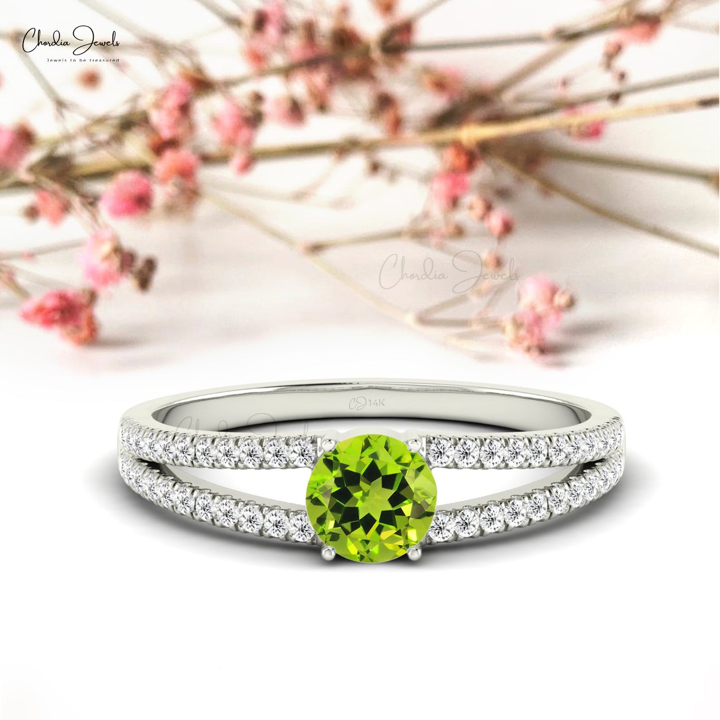 Genuine Peridot Dainty Promise Ring 0.9mm Round Cut Diamond Wedding Ring 14k Real Gold Minimal Summer Jewelry For Birthday Gift