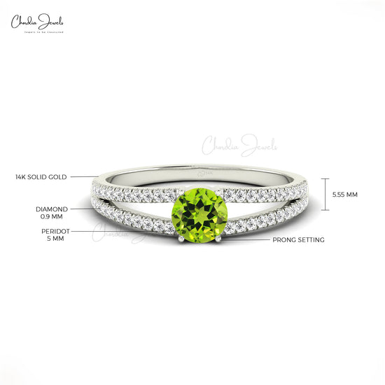 Genuine Peridot Dainty Promise Ring 0.9mm Round Cut Diamond Wedding Ring 14k Real Gold Minimal Summer Jewelry For Birthday Gift