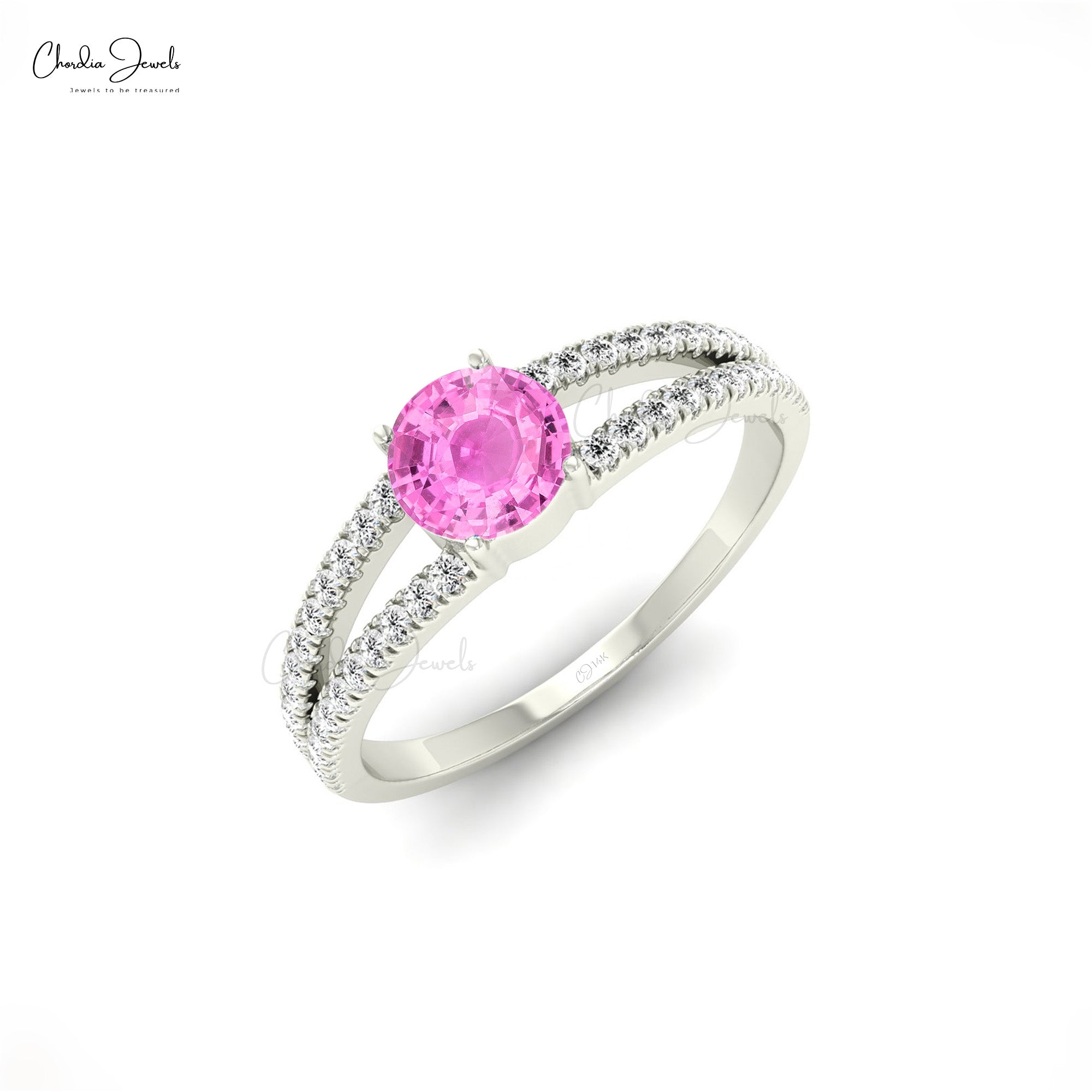 Brilliant Cut Split Shank Ring With 5mm Pink Sapphire And Diamond Promise  Ring In 14k Gold