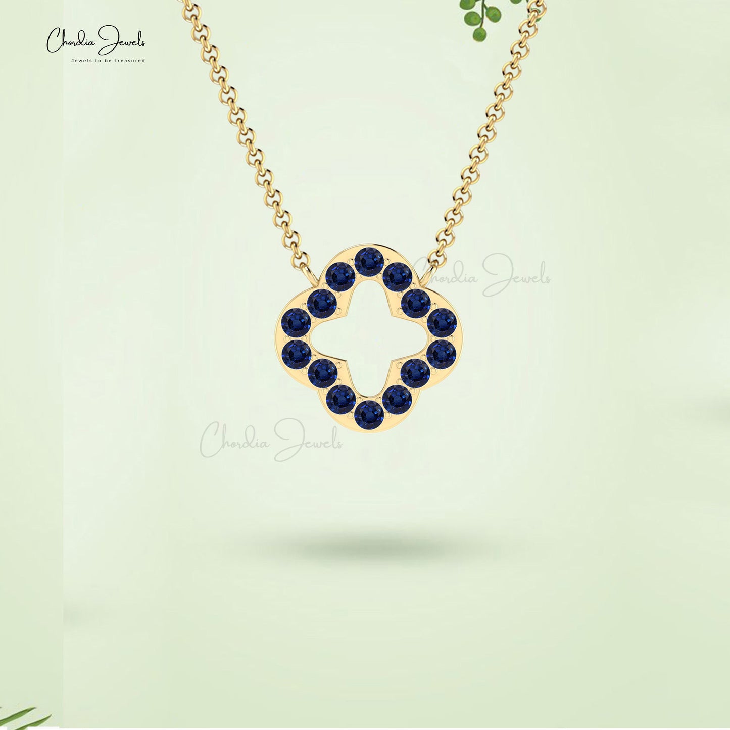 AAA Blue Sapphire Open Clover Necklace With 0.42 Ct Gemstone Pave Set In 14k Gold Jewelry