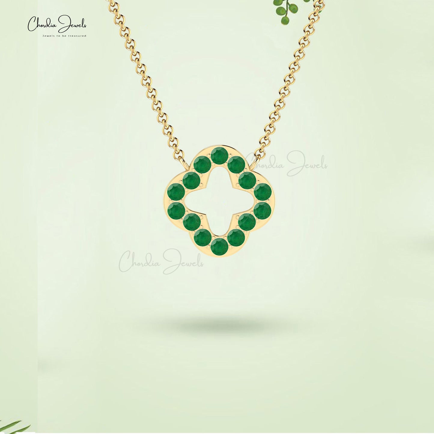 Beautiful Open Clover Necklace Pendant Pave Set Natural Green Emerald Necklace in Pure 14k Gold Gift For Her
