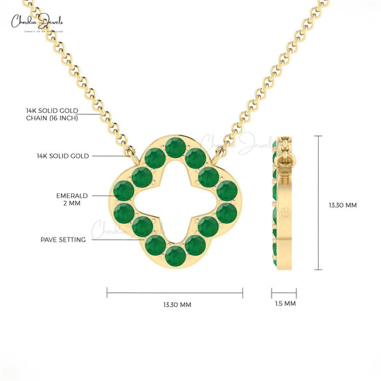 Beautiful Open Clover Necklace Pendant Pave Set Natural Green Emerald Necklace in Pure 14k Gold Gift For Her