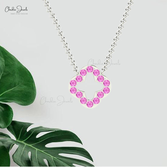 Brilliant Cut Clover Necklace In Solid 14k Gold Pink Sapphire 2mm Gemstone Open Necklaces