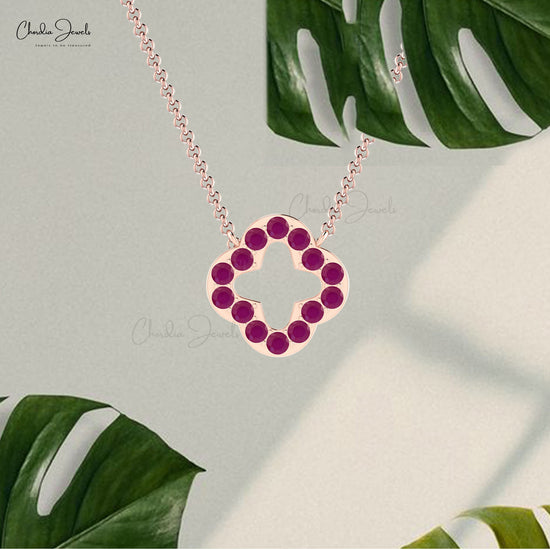 Red Ruby 14k Real Gold Handmade Clover Necklace 2mm Brilliant Round Cut Natural Gemstone Pave Set Hallmarked Jewelry For Her