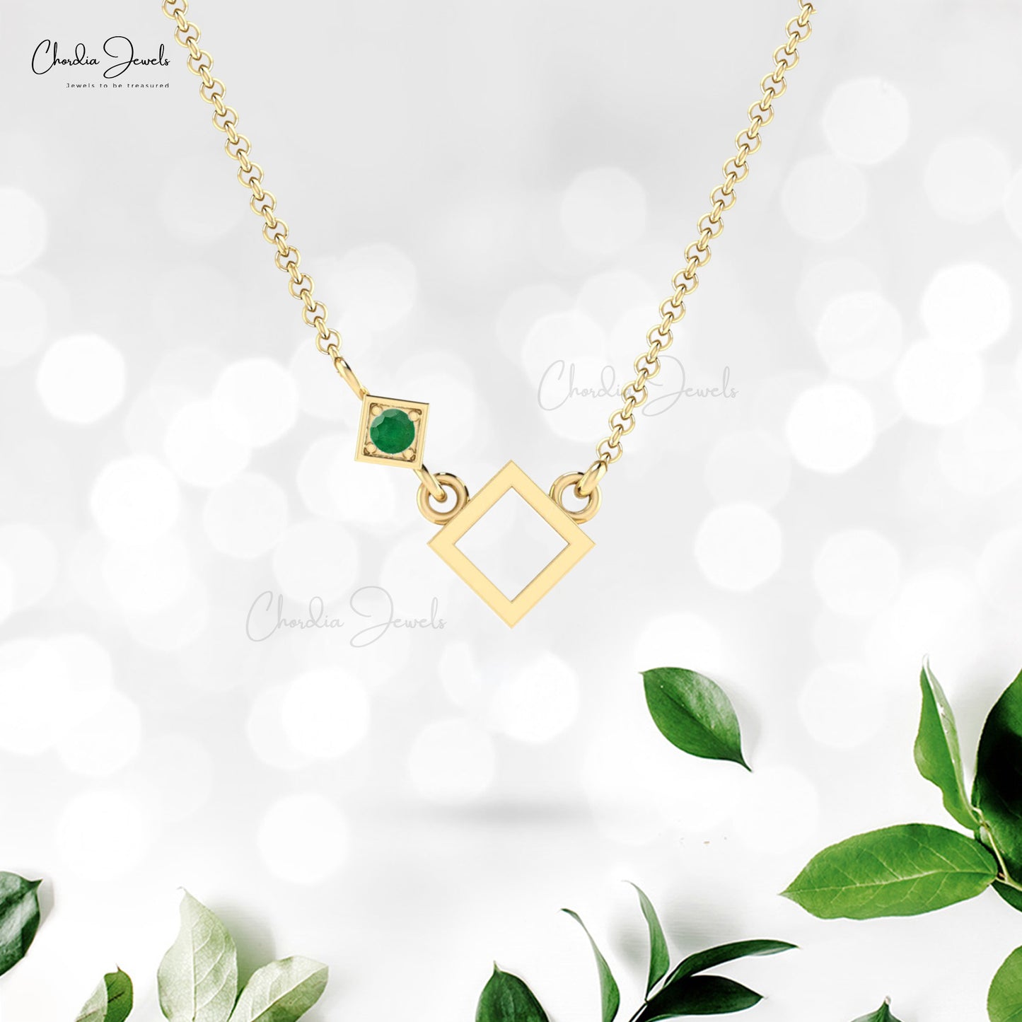 Green Emerald Open Square Necklace 14k Real Gold 2.50mm Brilliant Round Cut Gemstone Handmade Necklace Jewelry For Her