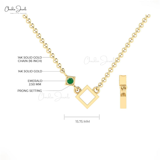 Green Emerald Open Square Necklace 14k Real Gold 2.50mm Brilliant Round Cut Gemstone Handmade Necklace Jewelry For Her