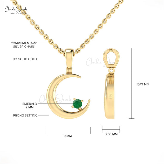 Half Moon Pendant In 14k Real Gold Natural 0.03ct Emerald Gemstone Delicate Crescent Pendant