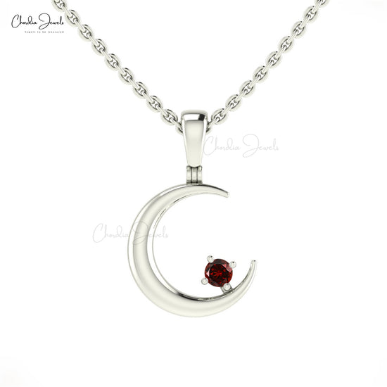 AAA Natural Garnet 2mm Round Cut Crescent Pendant 14k Solid Gold January Birthstone Jewelry