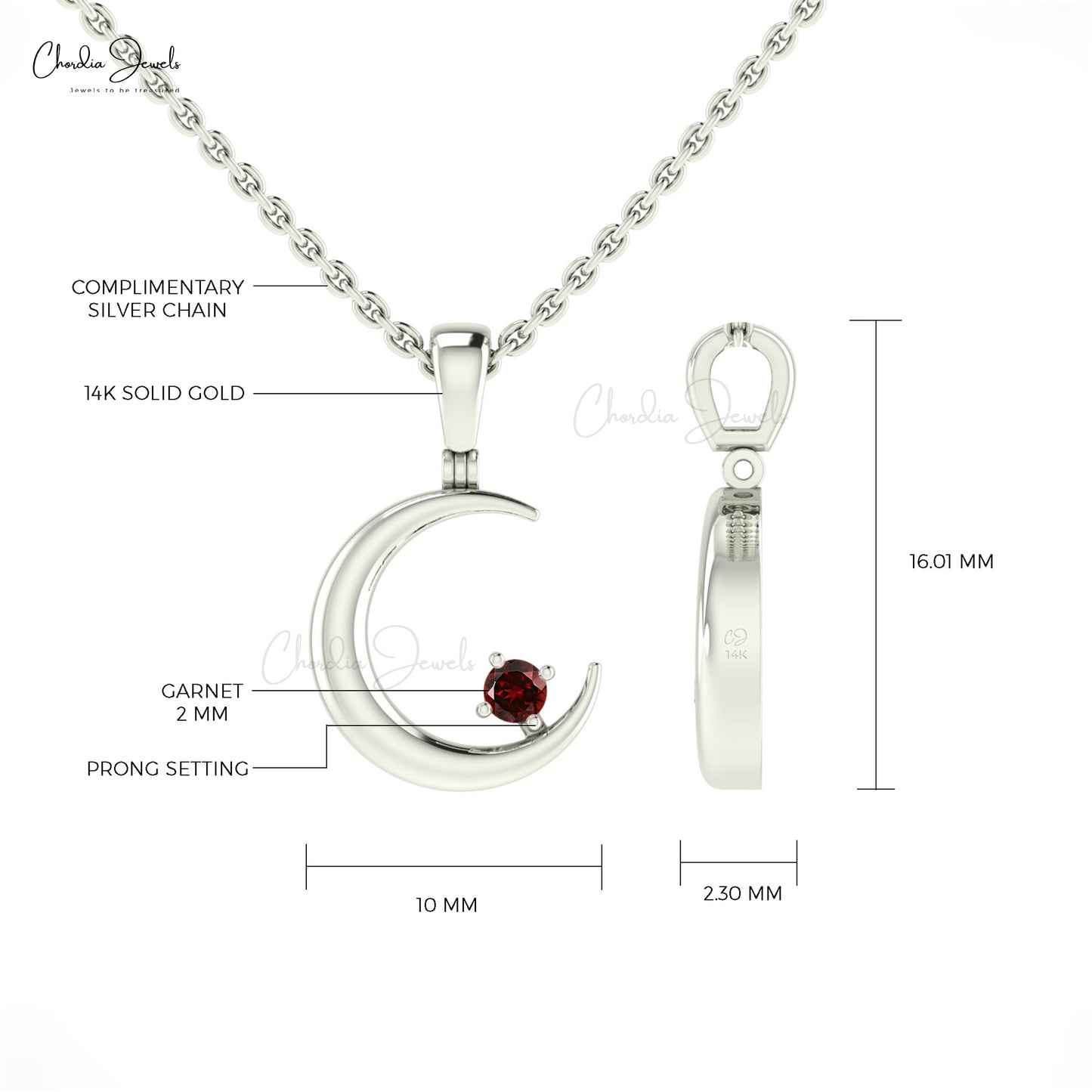 AAA Natural Garnet 2mm Round Cut Crescent Pendant 14k Solid Gold January Birthstone Jewelry