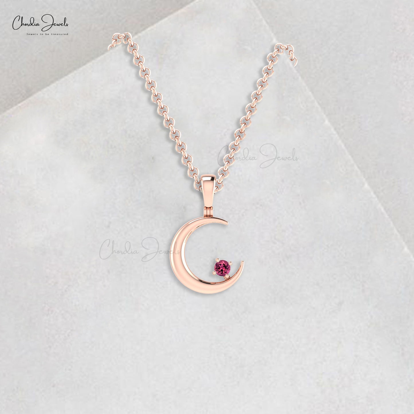Brilliant Cut Half Moon Charm In Pure 14k Gold Pink Tourmaline Solitaire Pendant For Her