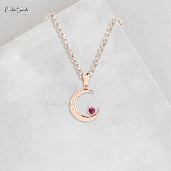Brilliant Cut Half Moon Charm In Pure 14k Gold Pink Tourmaline Solitaire Pendant For Her