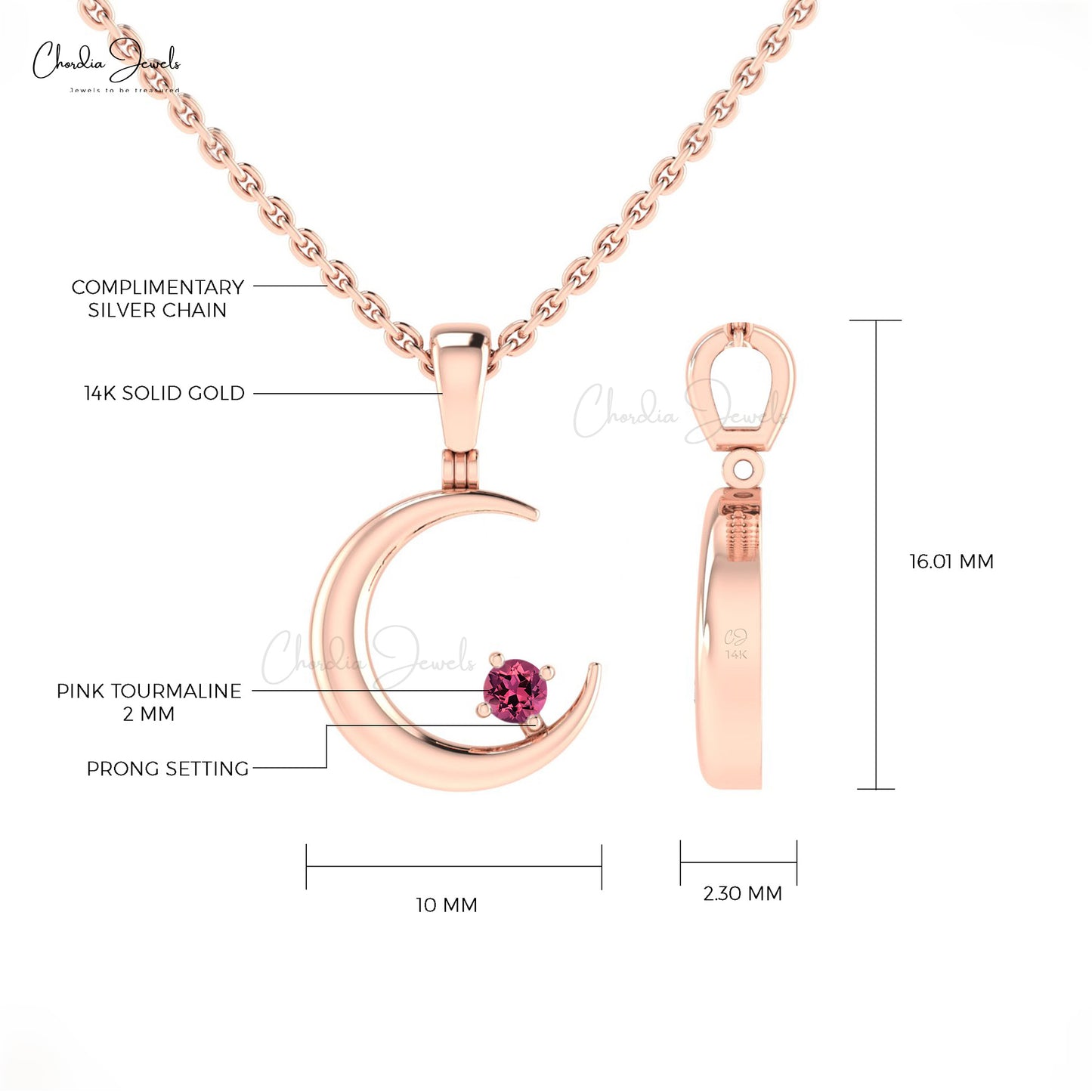 Genuine Pink Tourmaline Crescent Pendant 2mm Round Cut Gemstone Pendant 14k Solid Gold Pendant For October Birthstone