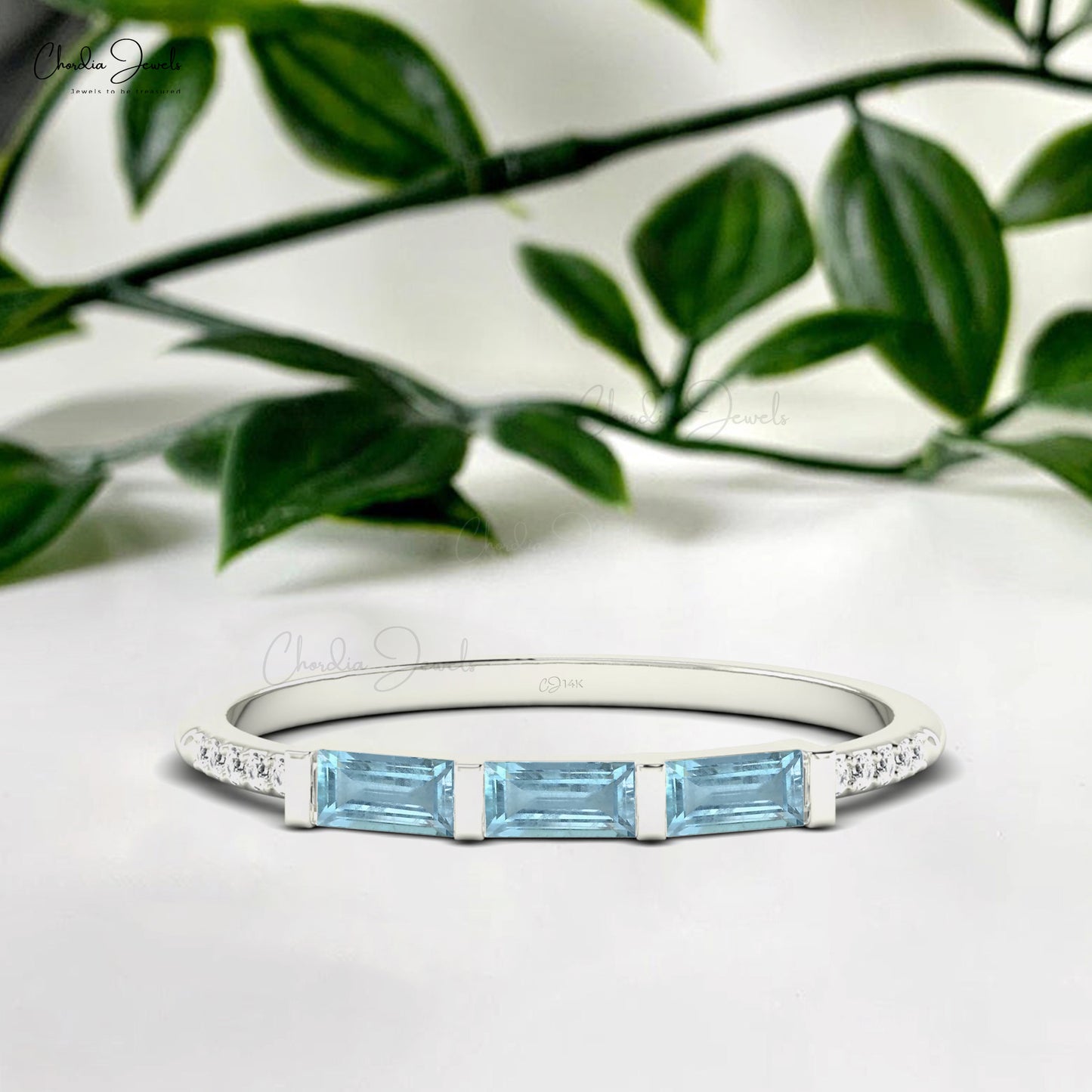 Trio Stone Wedding Ring In Pure 14k Gold Aquamarine 0.24 Ct Gemstone Diamond Stack Rings