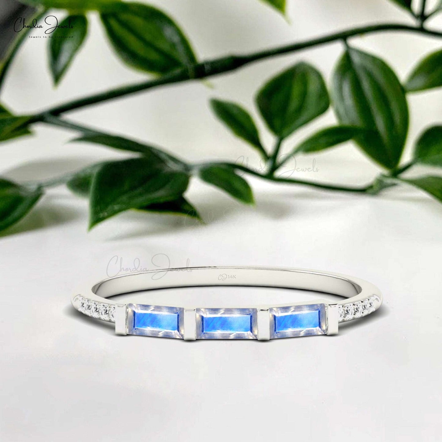 14k Gold Natural Rainbow Moonstone and Diamond Dainty Ring for Anniversary