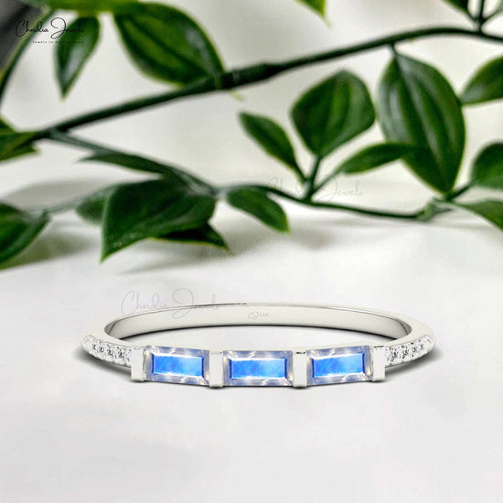 14k Gold Natural Rainbow Moonstone and Diamond Dainty Ring for Anniversary